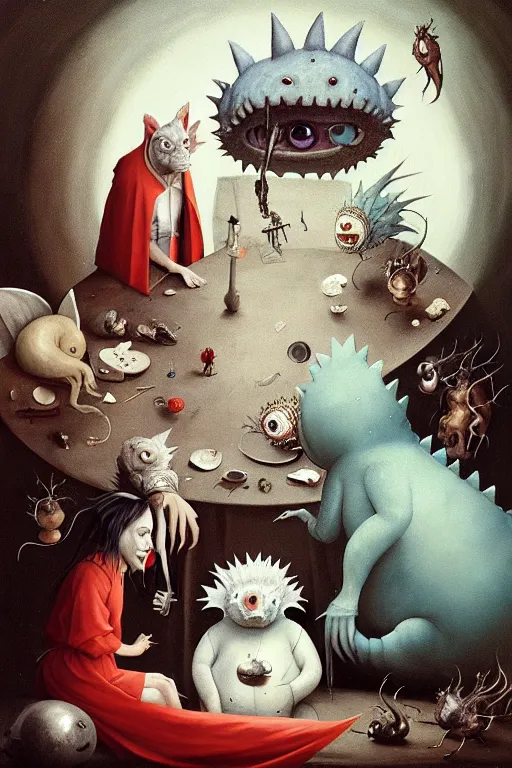 Prompt: hieronymus bosch, greg rutkowski, anna podedworna, painting of two white haired catgirls, a small fat blue godzilla, a pickle in a suit and tie, a cybernetic fox woman, a woman with one eye, a small hedgehog, a man with a shrimp for a head, pointing at a vampire clown with red hair in a vr headset