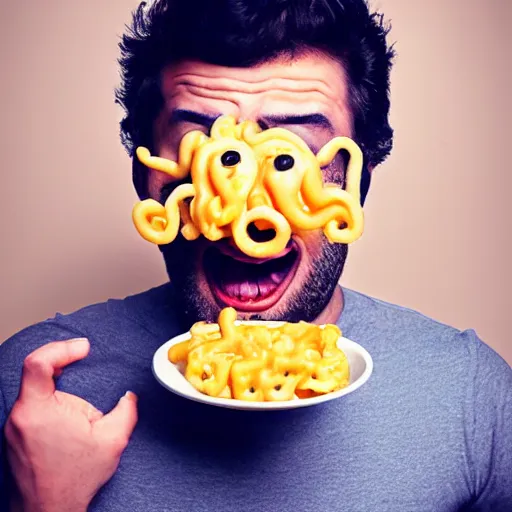 Prompt: a man with mac n' cheese streaming out of his eyes, nose, mouth and ears. photograph. delicious.