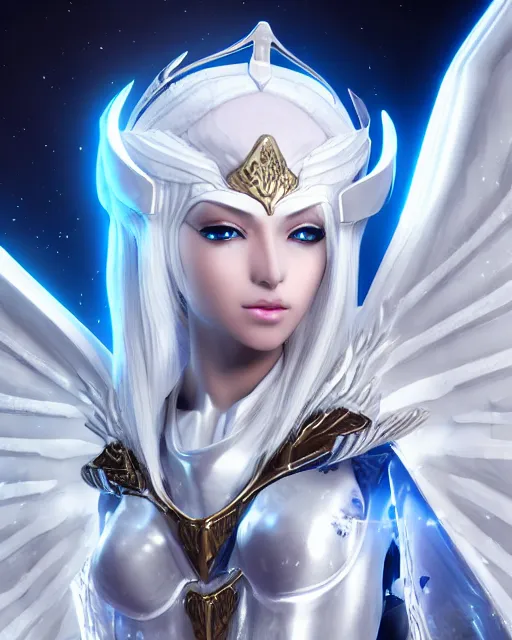 Prompt: perfect white haired egyptian goddess wearing white dove wings, warframe armor, regal, attractive, ornate, sultry, beautiful, ice queen, half asian, pretty face, blue eyes, detailed, scifi platform, 4 k, ultra realistic, epic lighting, illuminated, cinematic, masterpiece, art by akihito tsukushi, voidstar
