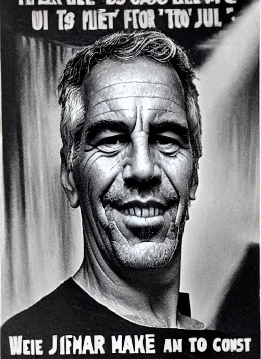 Prompt: creepy Jeffrey Epstein with a scary comically large smile, 1940s scare tactic propaganda art