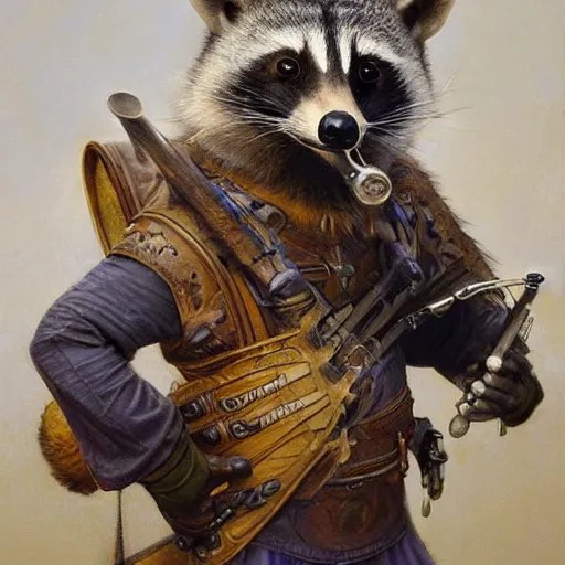 Image similar to humanoid racoon bard wearing tunic holding instrument, d & d, closeup portrait, art by donato giancola and greg rutkowski, vintage retro, realistic face, digital art, trending on artstation, symmetry!!