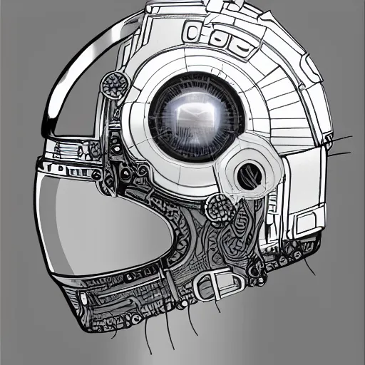 Prompt: parts diagram of a cybernetic helmet with parts labels, intricate and detailed assembly drawing of a cybernetic battle helmet 🤖🦾, photorealistic, symmetrical fine details, full color, jaw dropping details, fantasy concept art, hyper realistic illustration, 8 k, artstation -