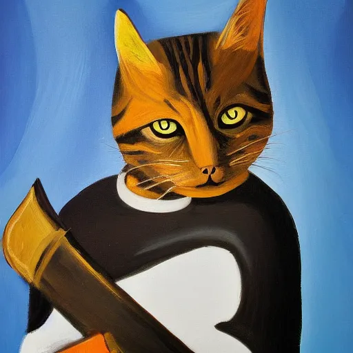 Prompt: cat swordman, brush strokes, oil painting