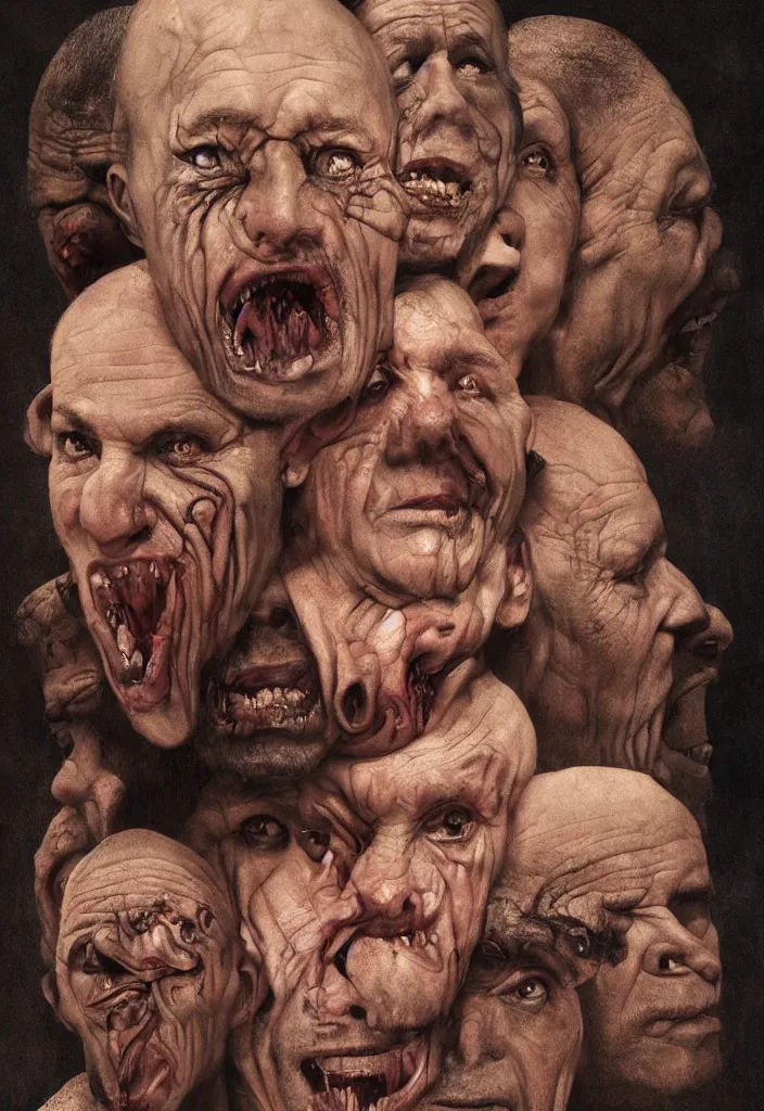 Image similar to many different faces on one man's head, portrait, horror, very detailed, 3 d character concept, extremely photorealistic, intricate, rendered in octane, hyperrealism, 8 k resolution, by jan svankmajer & henry fuseli & otto rapp & zdzisław beksinski & fra angelico & jeff christensen,
