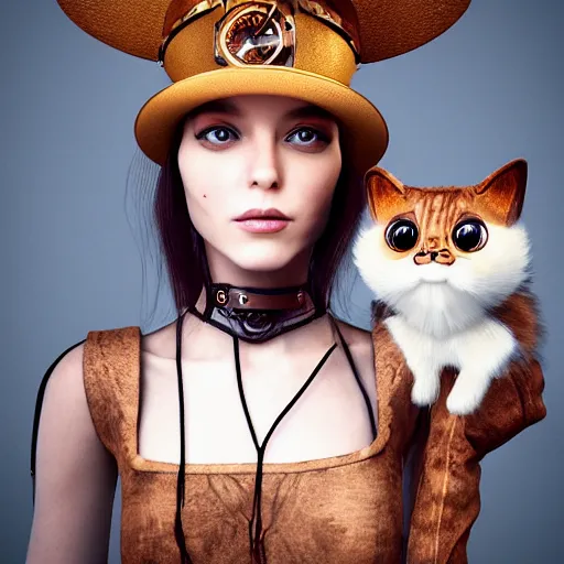 Image similar to a portrait of a beautiful steampunk woman and her cute robot cat, long hair, aged 2 5, slovenian, wearing a travel hat, photo realistic, real life, octane render, trending on artstation by mario testino