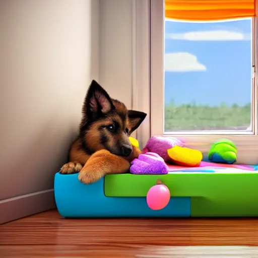 Image similar to eye - level view, in a child's bedroom filled with toys there is a bed under a window with a colorful bedspread. a super cute gsd puppy runs and jumps on the bed and plays with its toys. hilarious, funny, back to school comedy, cg animation, 3 d octane render, imax 7 0 mm,