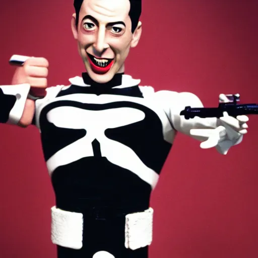 Image similar to Pee Wee Herman as The Punisher ,photography, action shot