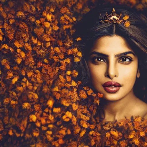 Prompt: fine art photo of the beauty goddess priyanka chopra, she has a crown of dried flowers, by oleg oprisco