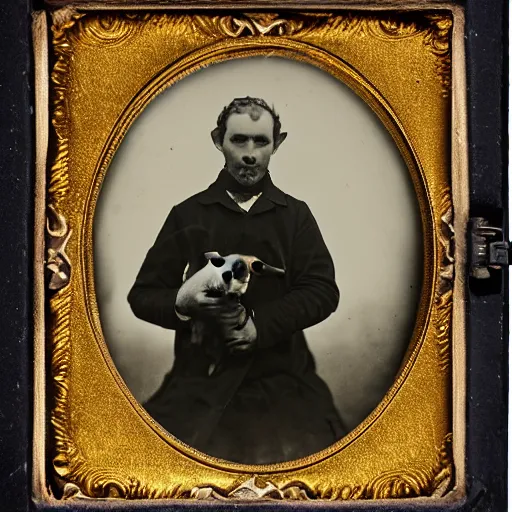 Image similar to daguerreotype photo of a man with a goat head, demonic, horror