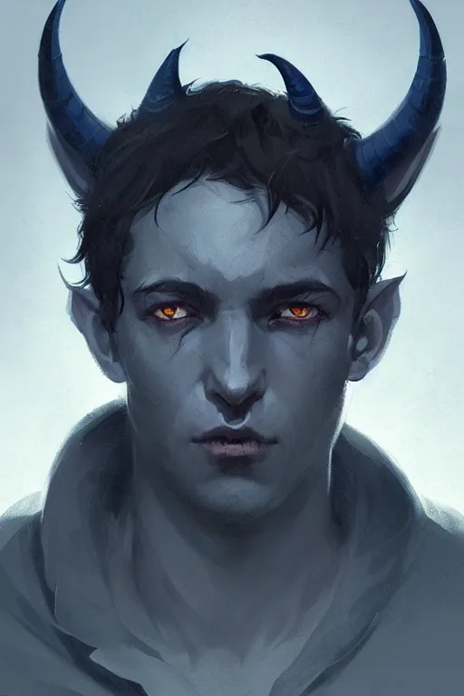 Prompt: portrait of a sad dark blue tiefling boy with horns and shaggy dark hair and pitch black hollow eyes, soft soft rounded face face face by Greg Rutkowski, concept art, sharp focus, illustration, intricate, highly detailed
