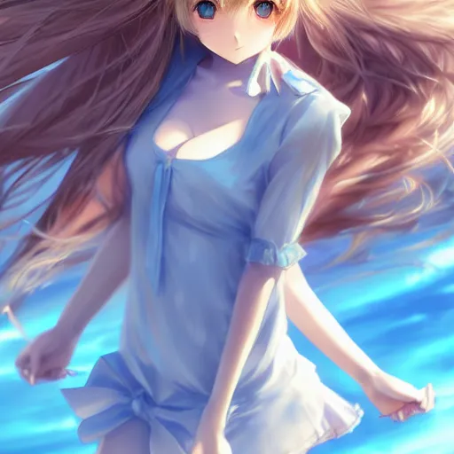 Image similar to a very beautiful anime cute girl, full body, long wavy blond hair, sky blue eyes, full round face, short smile, fancy top, miniskirt, front view, medium shot, mid-shot, highly detailed, cinematic wallpaper by Stanley Artgerm Lau