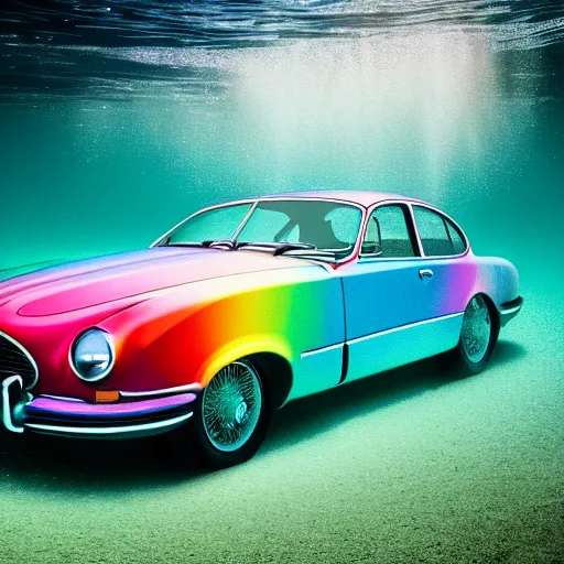 Prompt: hyperrealistic photo of an old jaguar car underwater in a swimming poo, rainbow colorsl, 4 k, 8 k, thin film, full shot