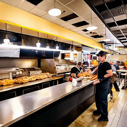 Image similar to busy wafflehouse interior with customers eating breakfast and wafflehouse employees serving food and cooking behind countertop bar that has food on