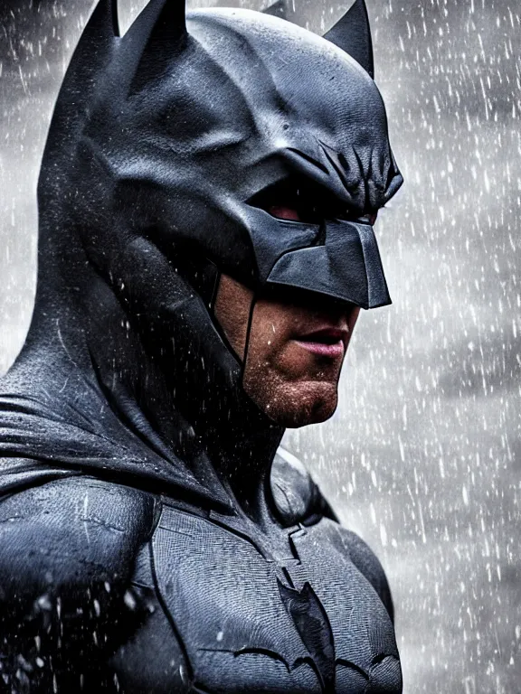 Prompt: film still, ryan reynolds as batman, mask down, hyperrealism, moody lighting, rain, intricate, 8 k