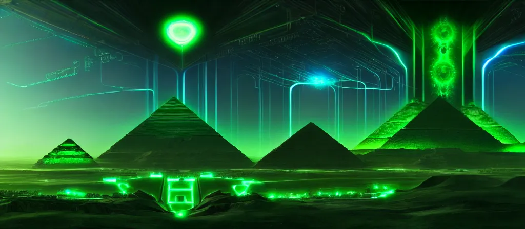 Image similar to the ethereal god of technology bestows the gift of green circuits to humanity. immaculate matte painting. fantastic. velvet and emerald. high key studio lighting. fractal dreams. ancient egypt, trending on artstation, cgsociety, ps 5, uhd 8 k cryengine