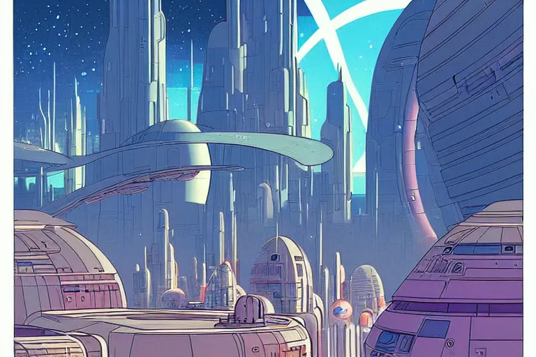 Prompt: a scifi illustration, Galactic City on Coruscant. flat colors, limited palette in FANTASTIC PLANET La planète sauvage animation by René Laloux