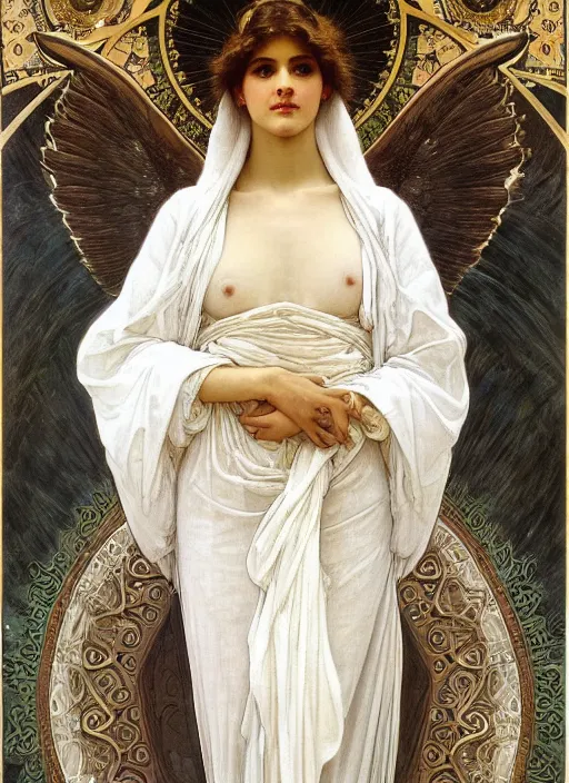 Image similar to painting of a beautifully robed angel with huge white feather wings, intricate, elegant, hyperdetailed, by alphonse mucha and william - adolphe bouguereau and john william waterhouse