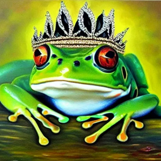 Image similar to beautiful oil painting painting of a frog wearing a crown in swamp