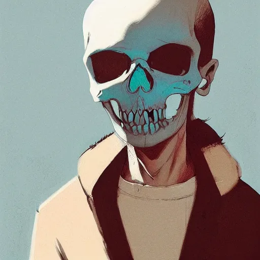 Image similar to boy wearing skull mask by atey ghailan, by greg rutkowski, by greg tocchini, by james gilleard, by joe fenton, by kaethe butcher, dynamic lighting, gradient light blue, brown, blonde cream and white color scheme, grunge aesthetic