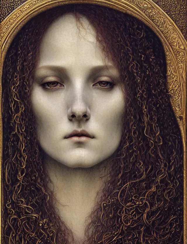 Image similar to detailed realistic beautiful young medieval queen face portrait by jean delville, gustave dore and marco mazzoni, art nouveau, symbolist, visionary, gothic, pre - raphaelite. horizontal symmetry