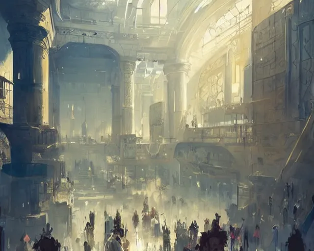 Prompt: a mall in the style of golden age persian empire, art by greg rutkowski and artgerma, stunning concept art, interior design architecture