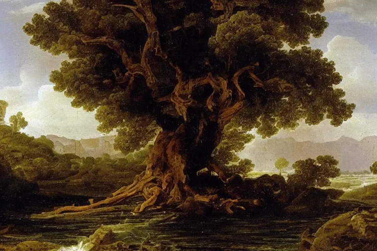 Image similar to oil painting of a old tree next to a raging river by claude lorrain