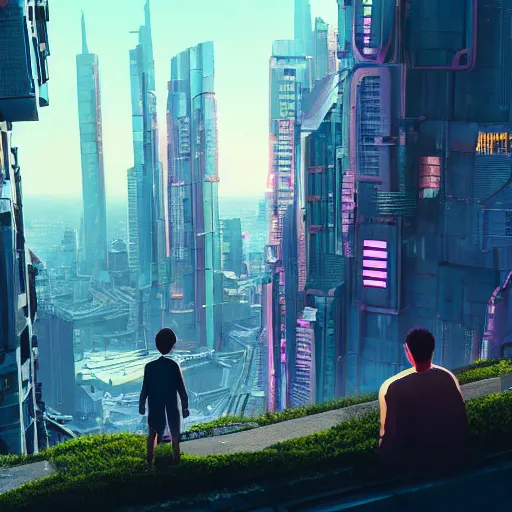 Image similar to a man and his son facing the desperate call of the void, futuristic cityscape, unreal 5 render, vivid colors, high detail, clear weather, studio ghibli, digital art, octane render, beautiful composition, trending on artstation, award - winning photograph, masterpiece
