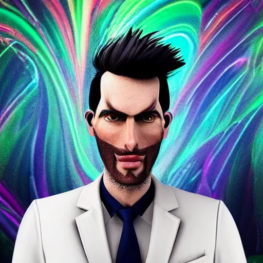 Image similar to epic cartoon portrait made out of rain, pinstripe suit, short hair, galactic background, rendered in octane, unreal engine, highly detailed, trending on artstation, realistic, splashes of neon, beautiful