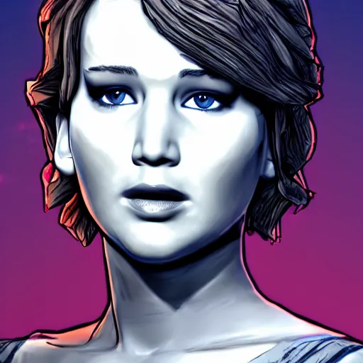 Image similar to jennifer lawrence portrait, borderlands, tales from the borderlands, the wolf among us, comic, cinematic lighting, studio quality, 8 k