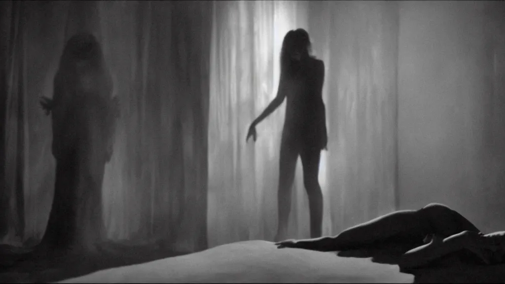 Image similar to movie still of a girl and a demon sleep paralysis, cinematic composition, cinematic light, criterion collection, by edgar allan poe