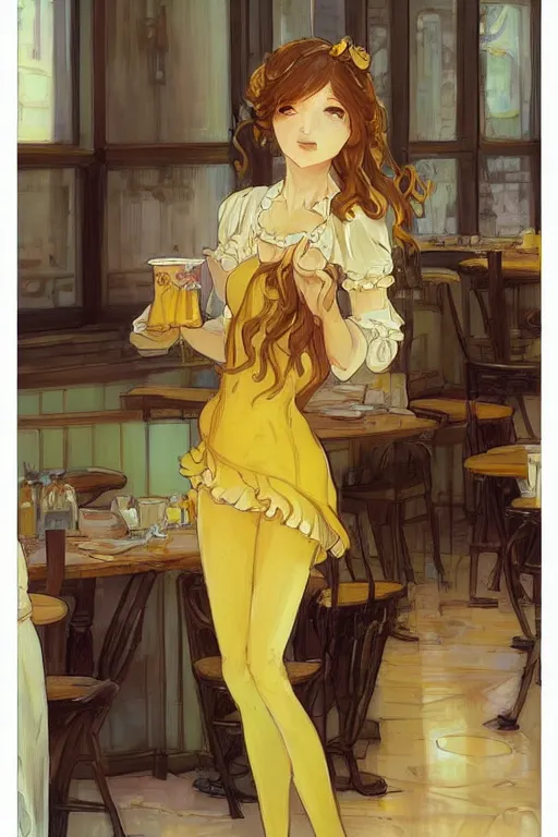 Prompt: A girl in a maid's outfit in a cafe a afternoon, wavy hair yellow theme,S line,45 angel by krenz cushart and mucha and trnyteal