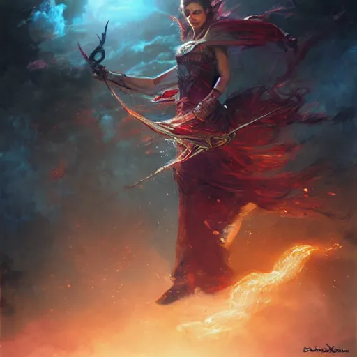 Image similar to enchanting sorcerer painted by Raymond Swanland