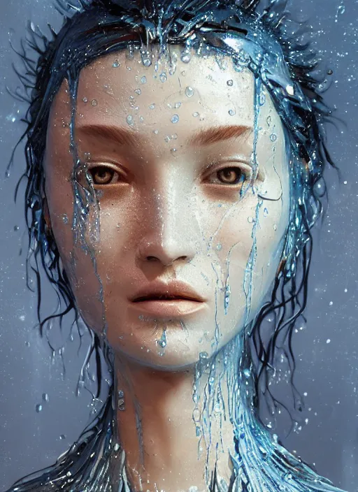 Image similar to sculpture made of water, portrait, female, future, shaman, harper's bazaar, vogue, magazine, insanely detailed and intricate, concept art, blue, wet, ornate, luxury, elite, elegant, trending on artstation, by ruan jia, by Kenneth Willardt, by ross tran, by WLOP, by Andrei Riabovitchev,