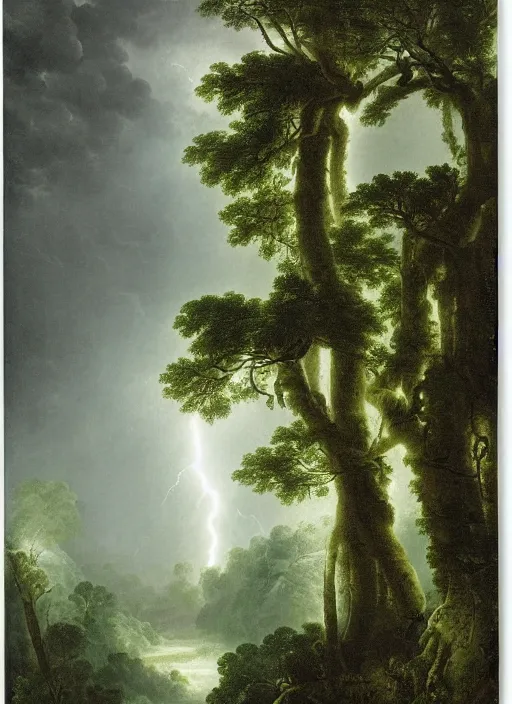 Prompt: a rain forest with extremely thin tall trees, dense, very epic atmosphere, tropical downpour of rain an lightning by asher brown durand, by yoshitaka amano