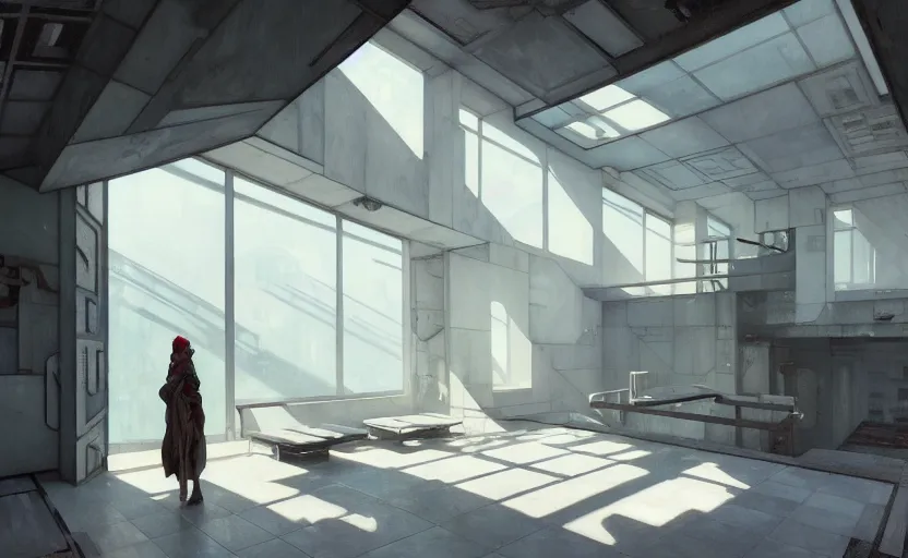 Prompt: painting of interior shot of a white concerete brutalist house architecture with big pools by darek zabrocki, alphonse mucha and greg ruthkowski and simon stalenhag, cinematic and cold atmospheric, archillect concept art, artstation, trending on artstation