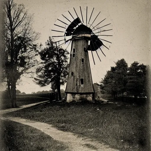 Prompt: 1800s photo of a dilapidated windmill