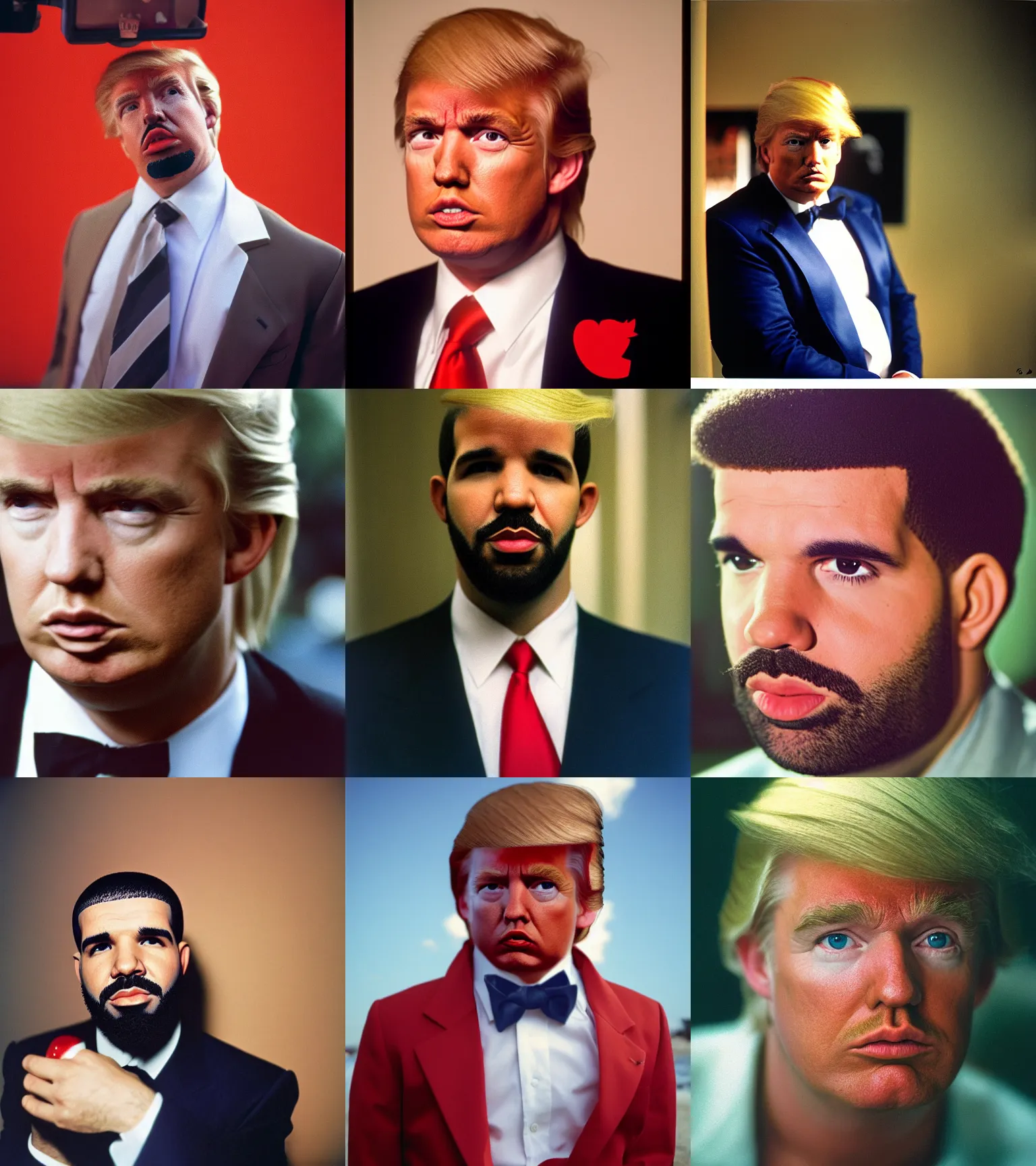Prompt: portrait of drake dressed as donald trump, looking intensely at the camera, photograph taken by steve mccurry, kodachrome 6 4 color slide film, with a nikon fm 2 camera and nikkor 1 0 5 mm ai - s f 2. 5 lens