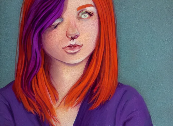 Image similar to portrait Girl with orange hair and freckles, purple background, cute-fine-face, pretty face, realistic shaded Perfect face, fine details. realistic shaded lighting by David Belliveau,