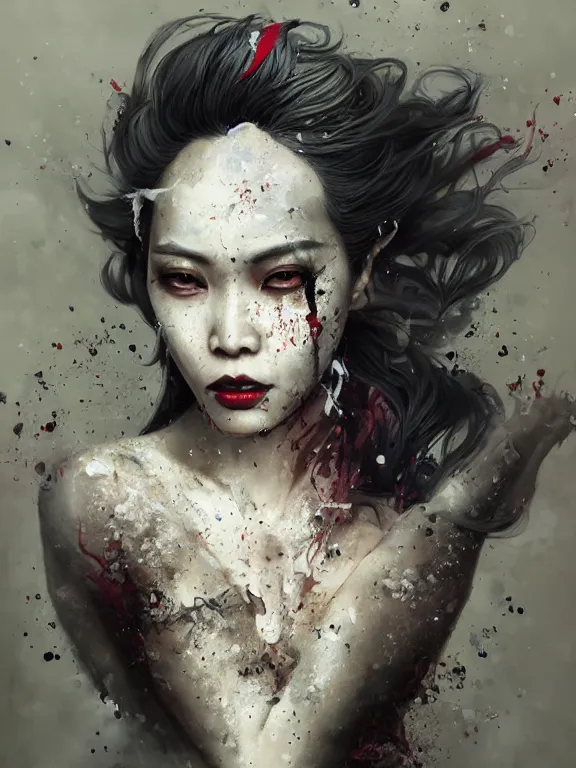 Prompt: a photorealistic splatterpunk portrait of a gorgeous Asian woman with shadowy eyes and bonewhite hair, with black glossy lips, hyperrealistic, award-winning, 8k, in the style of Tom Bagshaw, Cedric Peyravernay, Peter Mohrbacher