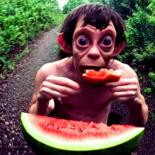 Prompt: Gollum eating watermelon, action, go pro
