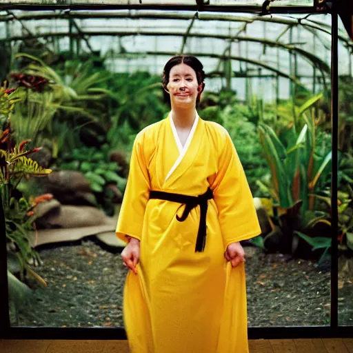 Prompt: medium format portrait of a young woman wearing a yellow kimono in a tropical greenhouse, graflex, bokeh