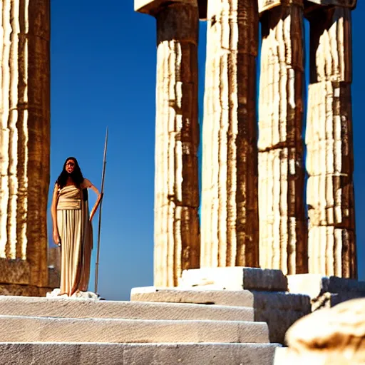 Prompt: greek ancient woman in bronze helmet standing on a giant greek ancient bearded man head, late afternoon light, greek temple of olympus glory island, wispy clouds in a blue sky, by frank lloyd wright and greg rutkowski and ruan jia