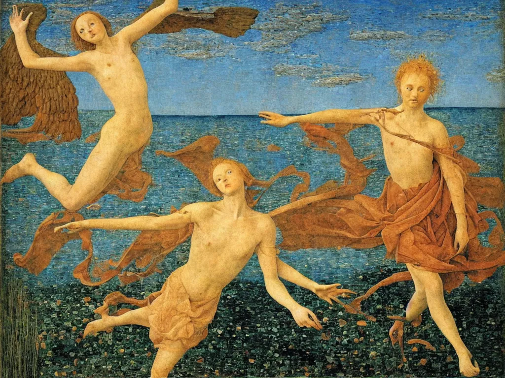 Image similar to Terrifying angel separating the waters in two. Coral-like pebbles, autumn light. Painting by Jan van Eyck, Fra Filippo Lippi, Rene Magritte, Jean Delville, Max Ernst