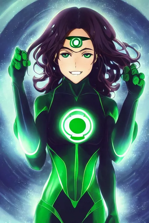 Image similar to anime key visual of a beautiful young female green lantern!! intricate, green and black suit, glowing, powers, dc comics, cinematic, stunning, highly detailed, digital painting, artstation, smooth, hard focus, illustration, art by artgerm and greg rutkowski and alphonse mucha