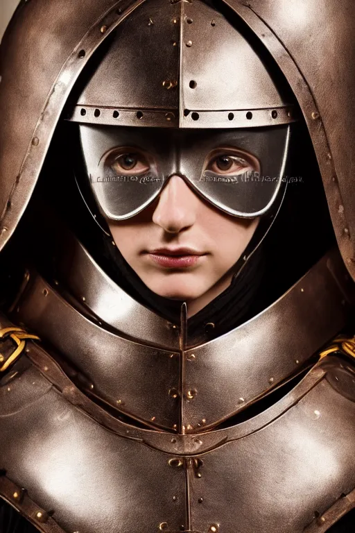 Prompt: female medieval knight, only leather armor, no metal, brown hair, by louis vuitton, luxury materials, symmetrical, cinematic, elegant, professional studio light, real dlsr photography, sharp focus, 4 k, ultra hd, sense of awe, high fashion