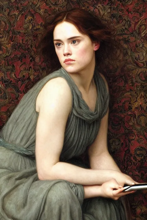 Image similar to a pre raphaelite painting of daisy ridley looking disinterestedly at her phone by dante gabriel rossett