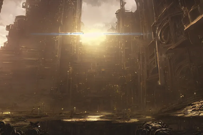 Image similar to nier automata concept scenery. antiinfinity gold trim. antimirror pixiv scenery art. antibiomechanical nier automata. anticeramic antiextension. infinitely detailed. luminous! light! magic!