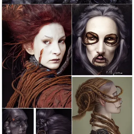 Image similar to portrait of a Shibari rope wrapped face and neck, headshot, insanely nice professional hair style, dramatic hair color, digital painting, of a old 15th century, old cyborg merchant, amber jewels, baroque, ornate clothing, scifi, realistic, hyperdetailed, chiaroscuro, concept art, art by Franz Hals and Jon Foster and Ayami Kojima and Amano and Karol Bak,