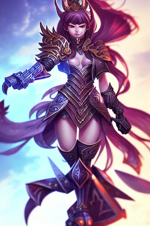 Image similar to sakimi chan, fantasy armor, action pose, detailed face, dynamic lighting, tony sart