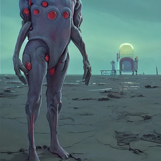 Image similar to unsettling, noble rubbery albino mutant with thin lips, huge eyes and suspicious expression, wearing science fiction police uniform by docks at sunset, by deak ferrand, wayne barlowe, simon stalenhag, and greg rutkowski